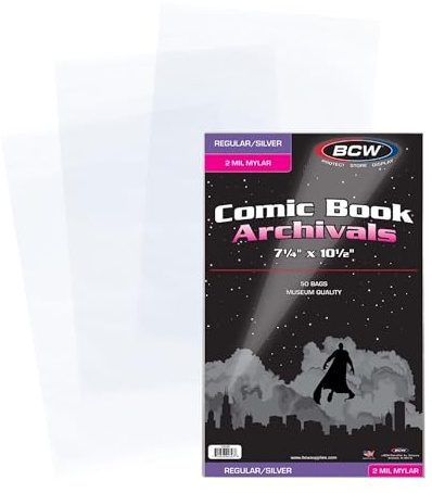 BCW Archival Storage Bags for Silver Age/Regular Comic Books - 50 Pack | 7 1/4 x 10 1/2 | 2 Mil Mylar Comic Book Sleeves | Clear Polyester