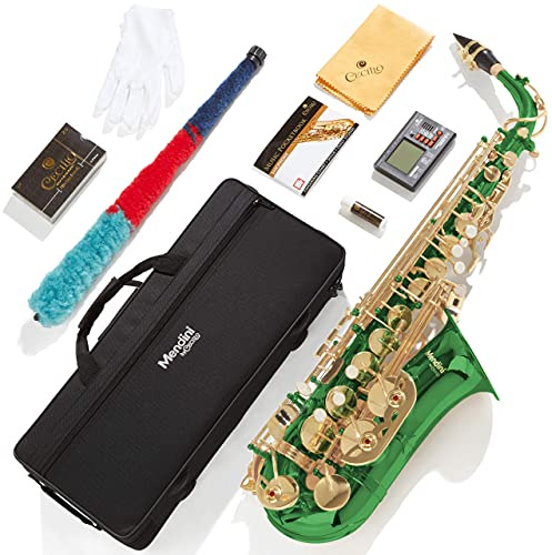 Mendini By Cecilio Alto Saxophone for Beginners, E Flat Alto Saxophone for Musicians with Tuner, Mouthpiece, Case, 10 Reeds, Grease, Cleaning Cloth & Rod, Gloves, Strap, Lesson Book (Green)