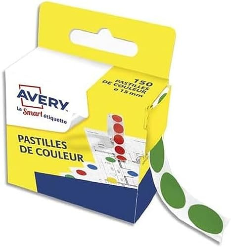 AVERY - Boite distributrice de 150 pastilles vertes autocollantes. Diamètre 15 mm.