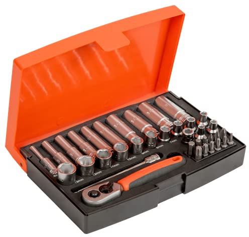 Bahco SL25L Socket & Mechanical Set, Metric ,Black/Red,1/4 Dynamic Drive, 37 Pieces