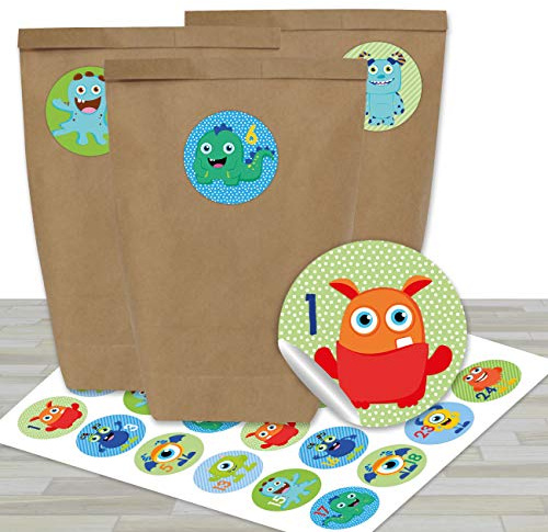 Papierdrachen Adventskalender zum Befüllen - mit 24 braunen Papiertüten und 24 bunten Monster- Aufklebern - zum Selbermachen und Basteln - Mini Set Nr 29 - Weihnachtskalender für Kinder