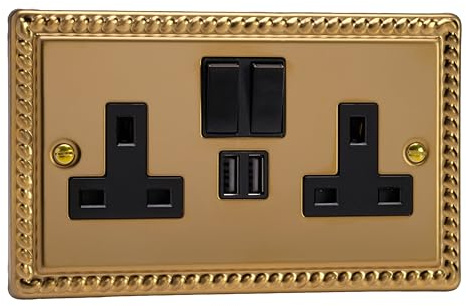 Varilight Double Switched Plug Socket With USB Charging - Classic Georgian Brass With Black Insert, XG5U2SB