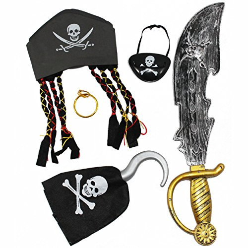 JOYIN Halloween Piraten Kostüm Set inklusive Hut, Augenklappe, Schwert, Ohrring und Haken Kostüm Set für Fasching Karneval Piratenparty
