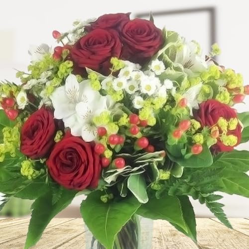 Großer rot-weißer XXL Premiumblumenstrauß - 10 großblütige rote Edelrosen, Hypericum, Alstromerien und Santinis - Blumenversand Rosenbote - Inklusive gratis Grußkarte