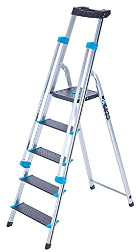 TB Davies 1203-005 Trade Premier XL Step Ladders, 5 Tread, Platform Height 1.0m, Aluminium, Twin Handrails, 10kg Tool Tray, 150kg Work Load, EN131