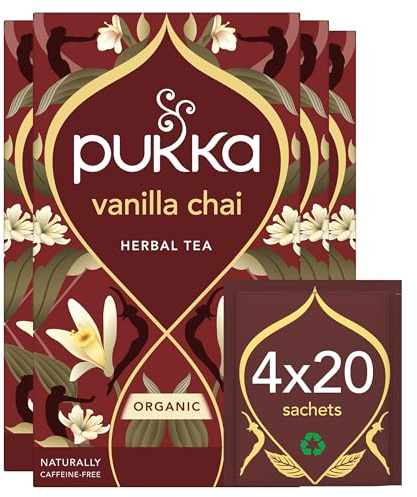 Pukka Herbs | Vanilla Chai Organic Herbal Tea Box | Energising Infusion With Cinnamon, Cardamom, Ginger, Fennel | Perfect For Vitality | Caffeine Free | 4 Packs | 80 Plant Based Biodegradable Tea Bags