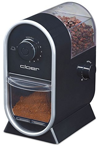 Cloer 7560 Elektrische Kaffeemühle mit Scheibenmahlwerk, 100 W, für 150 g Kaffeebohnen, für 2-12 Tassen, verstellbarer Mahlgrad, schwarz