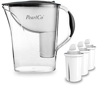 Filtre à eau standard PearlCo (anthracite) avec 3 cartouches filtrantes classiques – Réduction du calcaire, du chlore, du plomb et du cuivre – Compatible avec Brita Classic – Fabriqué en UE