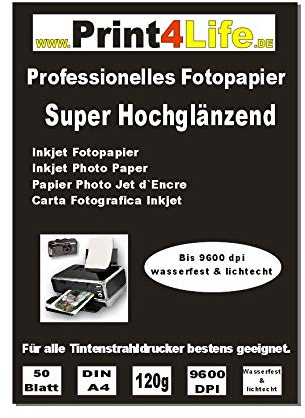 Print4Life – 50 Blatt Fotopapier DIN A4, 120g/qm, high -glossy (hoch-glänzend) -sofort trocken -wasserfest-hochweiß-sehr hohe Farbbrillianz, für InkJet Drucker (Tintenstrahldrucker)