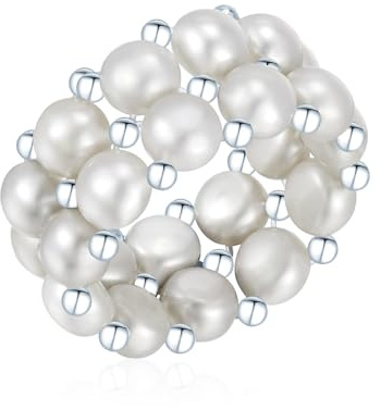 Valero Pearls Damen Perlenring Elastisch Hochwertige Süßwasser-Zuchtperlen 4-5 mm Button 925/- Sterling Silber - Damenring flexibel einstellbar mit echten Perlen