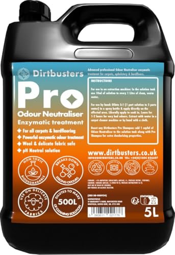 Dirtbusters Professional Odour and Urine Neutraliser, Remove Strong Odours from Carpets, Upholstery, Rugs & Hardflooring, Enzymatic Deodorising Solution Concentrate 5L
