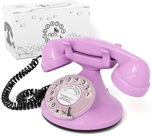 Opis Technology FunkyFon Cable Nostalgie Telefon mit Wählscheibe, Pink | Nachbau im Stil der 1920er Jahre in kräftigen Farben. Schnurgebunden, elektronischer Klingelton.
