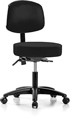 Perch Walter Rolling Height Adjustable Doctor's Stool with Back for Carpet or Linoleum | Desk Height | 300-Pound Weight Capacity | (Black Fabric)