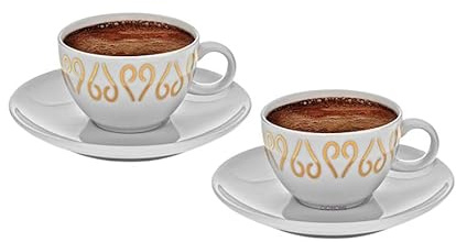 Arzum Okka Porzellan Türkisch/Griechisch oder Arabisch Kaffeetassen und Untertasse, weiß, 2 Stück