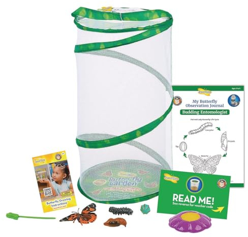 Insect Lore Giant Butterfly Garden Kit (Packaging May Vary) | Voucher for 10 live Painted Lady caterpillars, feeding pipette, chrysalis holding log, STEM journal, reusable mesh, ages 4+