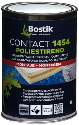 BOSTIK CONTACT 1454 POLIESTIRENO Ámbar, Cola de Contacto Especial Poliestireno, Gran Agarre Inicial, Adhesivo de Caucho Sintético en Disolución de Gran Rendimiento, Todo Tipo de Soportes, Bote de 1 l