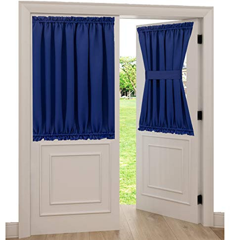 Aquazolax French Door Curtains Drapes - Readymade Solid Blackout Glass Door Side Panels 54x40 Inches Privacy with Tiebacks - 1 Piece, Navy Blue