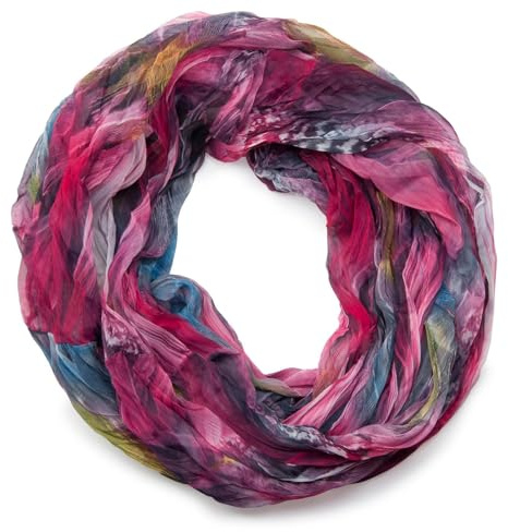 styleBREAKER Sciarpa ad anello in stile batik con motivo a piume, effetto stropicciato, leggera e setosa, 01016064, colore:color rosa