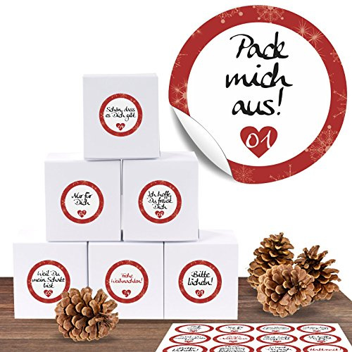 Adventino 24 Adventskalender Pappschachteln mit 24 weihnachtlichen Zahlenaufklebern „Liebevolle Botschaften“ Adventskalender zum Basteln und Befüllenzum Ver