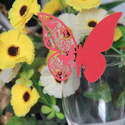 Jypc 100pz farfalle Segnaposto Segnabicchiere bomboniera matrimonio segnatavolo (Rosso)
