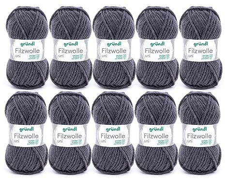 Gründl filtull uni (ull för filning, stickning och virkning, garn tillverkat av 100% ny ull, 50 g/50 m, nåltjocklek: 8 – 9, 10 x 50 g), antracit, 31 x 32 x 7,5 cm