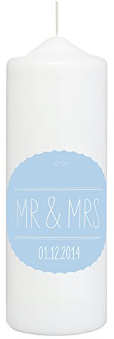 Hochzeitskerze Mr & Mrs in Weiß mit Datum, hellblau hinterlegt - personalisiert mit Hochzeitsdatum, finaler Wachs-Überzug für ebenmäßige Oberfläche