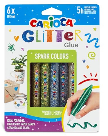 Carioca 42110 - Glitter limma blisterförpackning 10,5 ml, 6 klassiska färger, färgat lim för dekoration