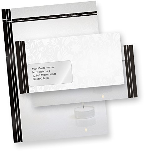 Briefpapier Set Trauer (100 Sets MIT Fenster) Set mit Briefbögen A4 und passende Trauerumschläge MIT FENSTER (auch ohne Fenster erhältlich)