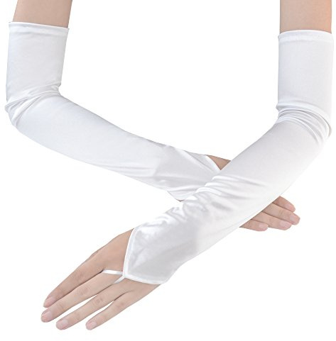 JISEN Women's Fingerless Long Over the Elbow Shinny Satin Bridal Opera Gloves 18 inch White