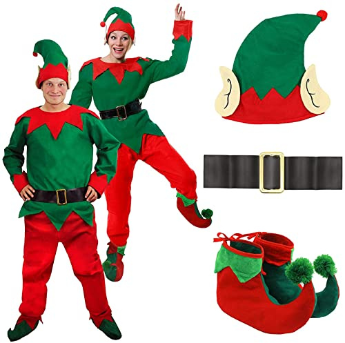 Mens Elf Christmas Costume - Large - Green Top, Red Trousers, Belt, Matching Hat With Ears, Pom Pom Elf Shoes - Adults Funny Festive Xmas Party Fancy Dress Costume