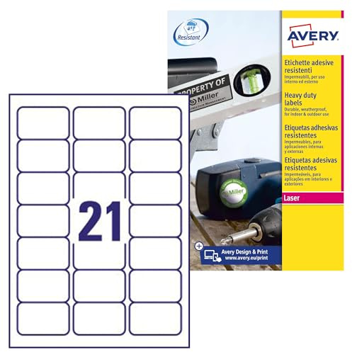 Avery Italia L7060-20 Klebeetiketten aus Polyester, weiß, 20 Blatt A4, rechteckig, 63,5 x 38,1 mm, 21 Etiketten pro Blatt, permanent haftend, Laserdrucker