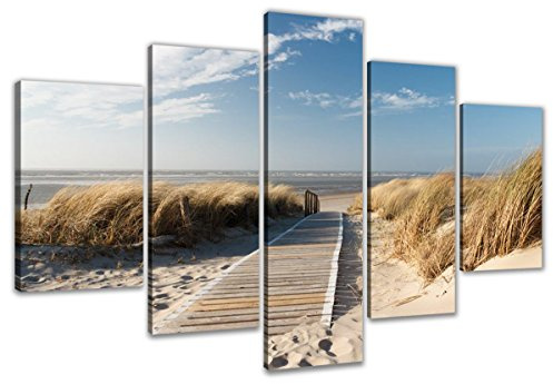 Visario Leinwandbild Nordsee Strand Dünen Steg 200 x 100 cm 5-teilig Direktdruck auf Leinwand mit Holzrahmen Wandbild Kunstdruck XXL Wanddeko für Wohnzimmer Schlafzimmer Artikelnr. 6310