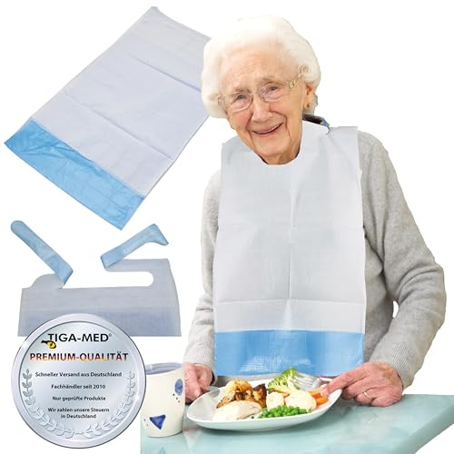 Tiga-Med Esslätzchen für Erwachsene 66x37 cm | Einweg Lätzchen mit Auffangtasche | Zellstoff verstärkt mit wasserdichter PE-Folie | Schutz vor Flecken & Nässe bei Pflege & Mahlzeiten