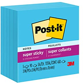 Post-it Super Sticky Notes, 3 x 3 in, Blue Paradise, 5 Pads, 90 Sheets/Pad
