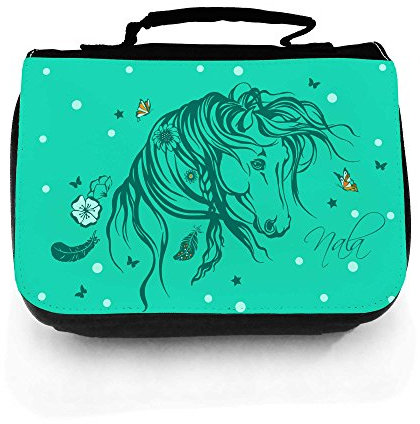 Waschtasche Waschbeutel Kulturbeutel Kosmetiktasche Reisewaschtasche Pferd Wildpferd mit Blumen Federn Sternen Schmetterlingen und Wunschnamen wt129