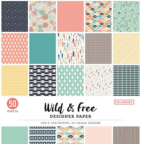 Colorbok Patterned Cardstock Paper 12x12, 50 Sheets of Square Scrapbook Paper for Crafts and Card Making, Single Sided, Bulk Pack with 25 Unique Designs, Wild & Free
