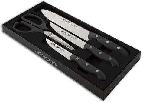 Arcos Juego de Cuchillos de Cocina cuatro piezas. 3 Cuchillos chef y 1 tijeras Acero Inoxidable y mango ergonómico polioximetileno para cortar carne, pescado y verduras. Serie Maitre. Color negro.