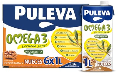 Puleva Omega 3 Proessentia® Nueces brik 1L - Caja 6 litros | Leche con Omega 3 sabor nueces, ayuda al funcionamiento normal del corazón. Enriquecida con vitaminas A, D y E. Pack 6x1L.