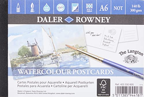 Daler Rowney The Langton - Blocco di carta pressata a freddo, formato A6, 300 g/m², formato cartolina ad acquerello, incollata su 1 lato, 12 fogli bianchi naturali, per artisti e studenti