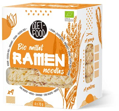DIET-FOOD Bio Ramen Hirsennudeln Glutenfrei Vegetarisch und Vegan Lebensmittel Fettfrei Sojafrei Glutenfreie Wasserlöslich Diätnudeln Niedriger Kaloriengehalt 280 g