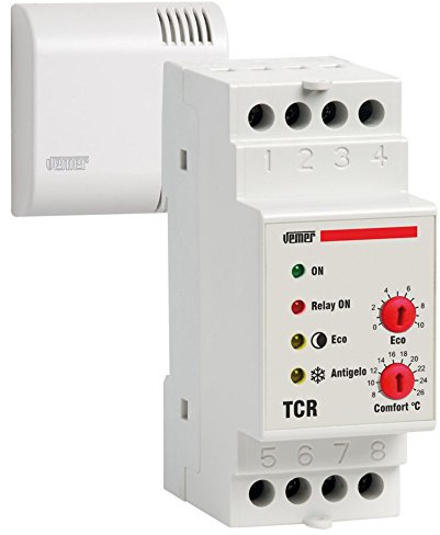Relè di controllo da quadro in contenitore 2 moduli din progettato per la regolazione della temperatura ambiente in modalità riscaldamento TCR Vemer VE447900 con Sonda da parete tipo NTC inclusa nella confezione