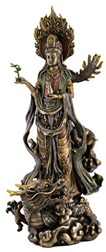 Top Collection Quan Yin on Dragon Statue - Kwan Yin Asian Goddess of Mercy and Compassion in Premium Cold Cast Bronze- 14-Inch Avalokiteshvara Collectible Figurine