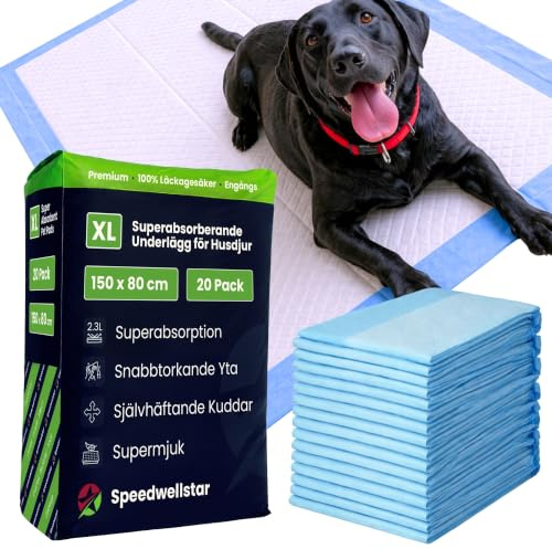Extra Stora Kisskydd för Valpar och Hundar 150 x 80 cm, 2300 ml, Läckagesäkra, Snabbtorkande och Halksäkra, Toalett- och Träningsmattor för Hundar och Husdjur – 20-pack från Speedwellstar