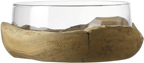 Leonardo Terra Deko Schale aus Glas mit Teaksockel, handgefertigte, runde Glasschale mit Fuß aus Teak-Holz, ‎Unikat, Höhe: 11 cm, 084411