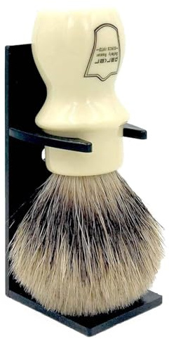 Parker Rasierhobel Handgefertigter Deluxe Becher-Rasierpinsel mit Ständer – 100% 3-Band-Dachsborsten – Extra dicht und fest (Elfenbein)