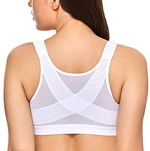 Delimira Women's Front Fastening Bras Non Wired Posture Correcting Back Support Post Surgery Bra Plus Size Comfort White 40DD