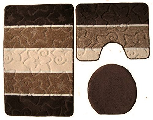 Orion Badgarnitur 3 TLG. Set 50x80 cm Mehrfarbig gestreift, WC Vorleger mit Ausschnitt für Stand-WC (Dunkelbraun braun Creme)