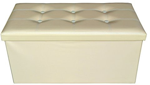 Rebecca Mobili Pouf contenitore in ecopelle, beige, pouffe pieghevole, puff baule, con coperchio foderato, in eco pelle - Misure 38 x 76 x 38 cm (HxLxP) - Art. RE4622