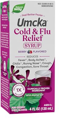 Nature's Way Umcka Cold and Flu Relief Syrup, Fever*, Sore Throat, Cough, Congestion, Body Aches*, Homeopathic, Phenylephrine Free, 0.05% Alcohol, Berry Flavored, 4 Fl Oz (Packaging May Vary)
