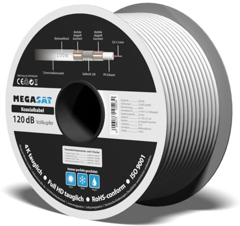 Megasat 120 dB Vollkupfer Trishield – 100 m Spule – Koaxialkabel (120 dB Schirmmaß, 3-fache Abschirmung, Innenleiter aus Vollkupfer) – Weiß